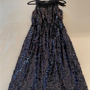Tahari Navy Black Sequin Ruffled Halter Dress Size 10